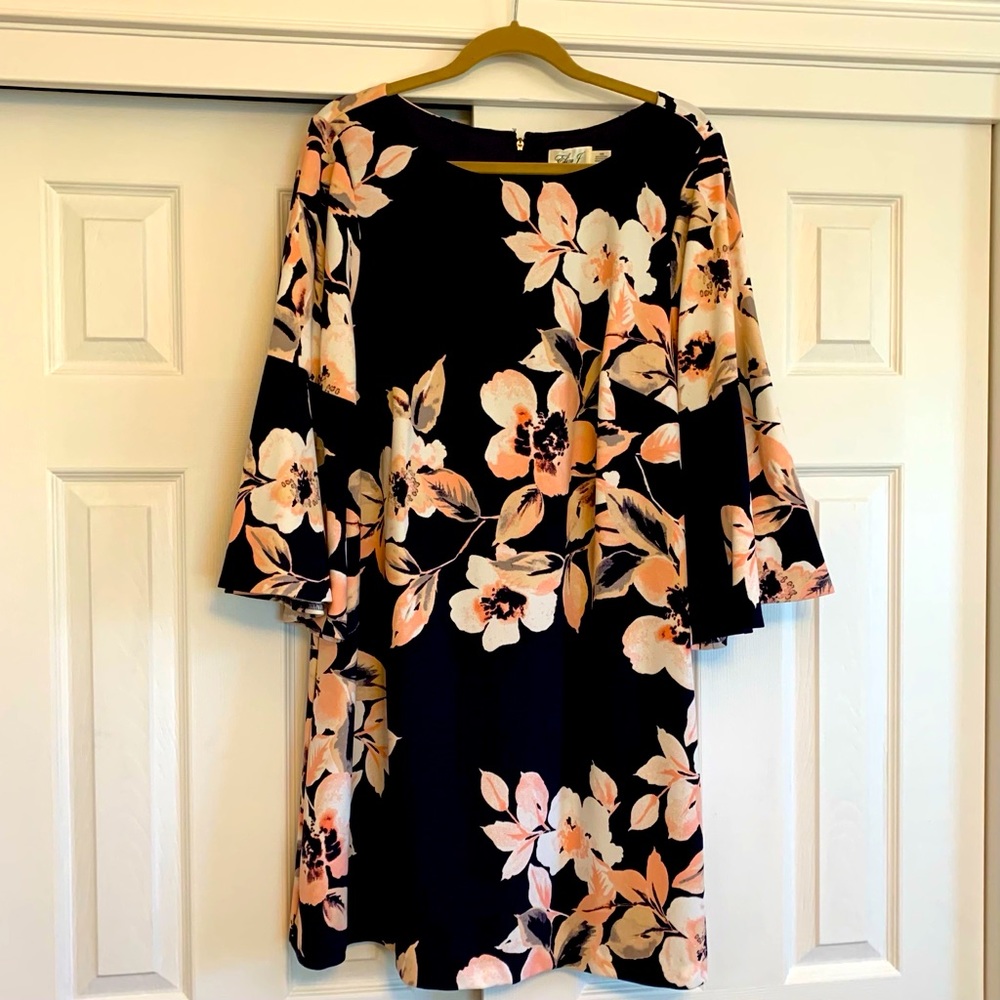 Knee-length Navy Dress with Pink Floral Design